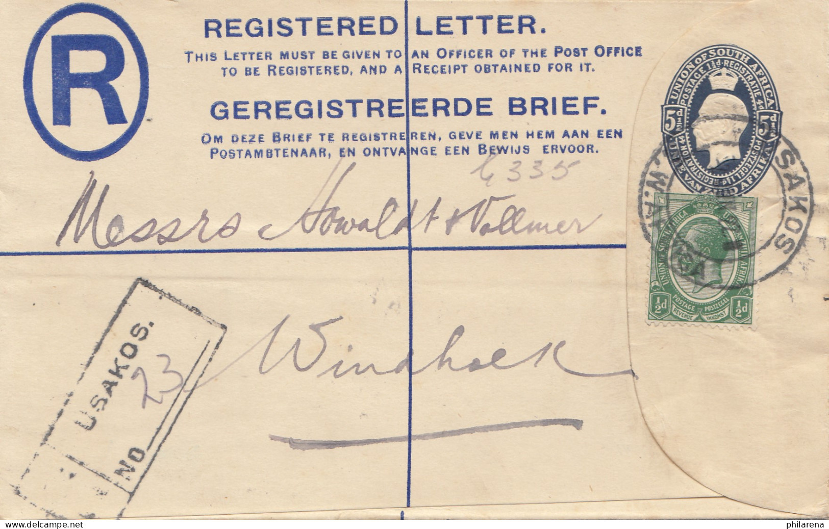 South Africa 1922: Registered Usakos To Windhoek - Autres & Non Classés