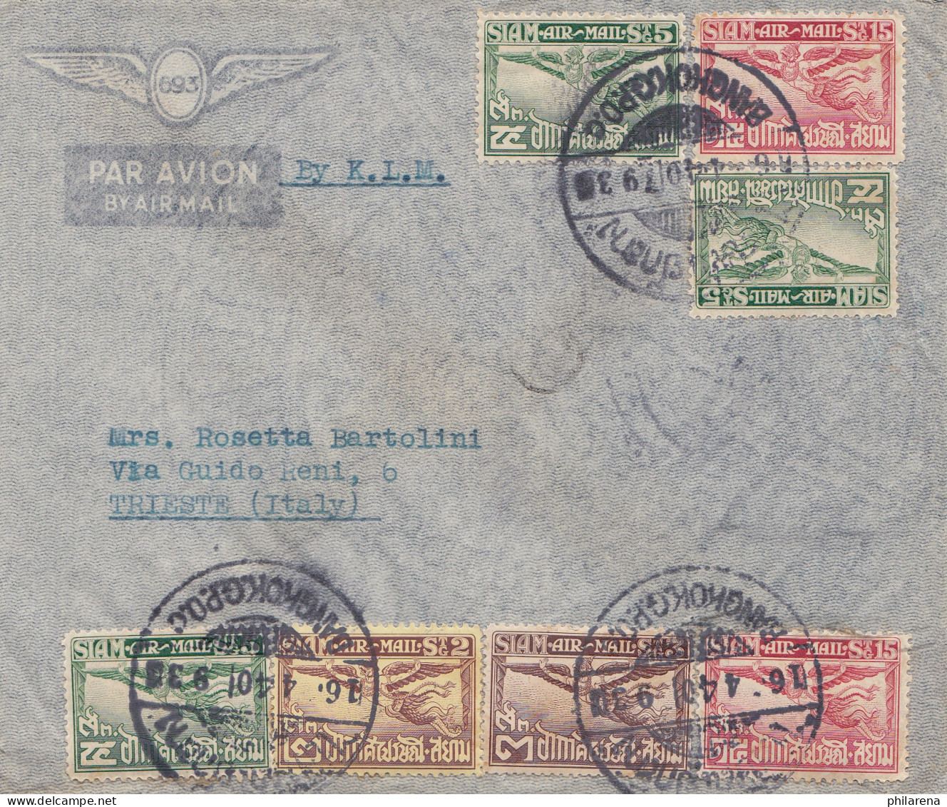 Thailand 1940: Air Mail By KLM Bangkok To Trieste/Italy - Thaïlande