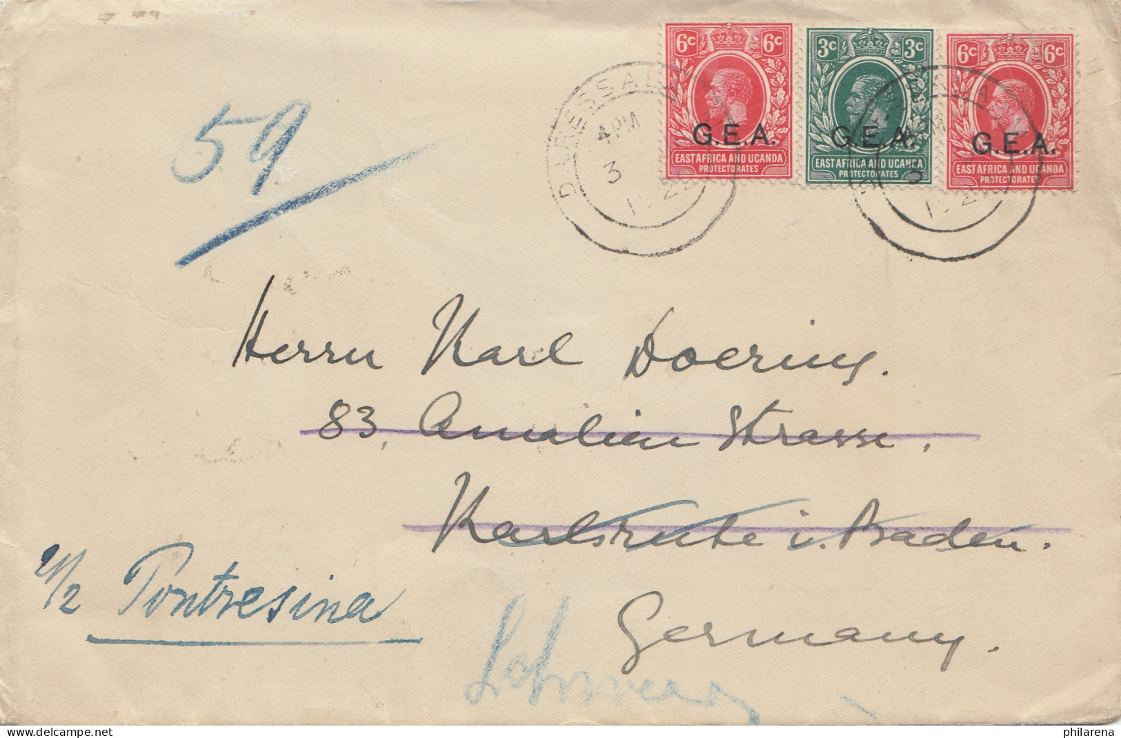 Uganda 1922: Daressalam To Karlsruhe/Germany Forwarded Pontresina/Switzerland - Uganda (1962-...)