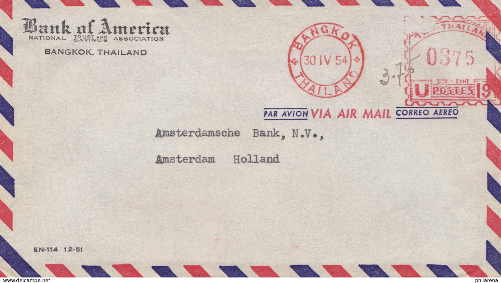 Thailand 1954: Bank Of America, Bangkok  To Amsterdam - Thaïlande