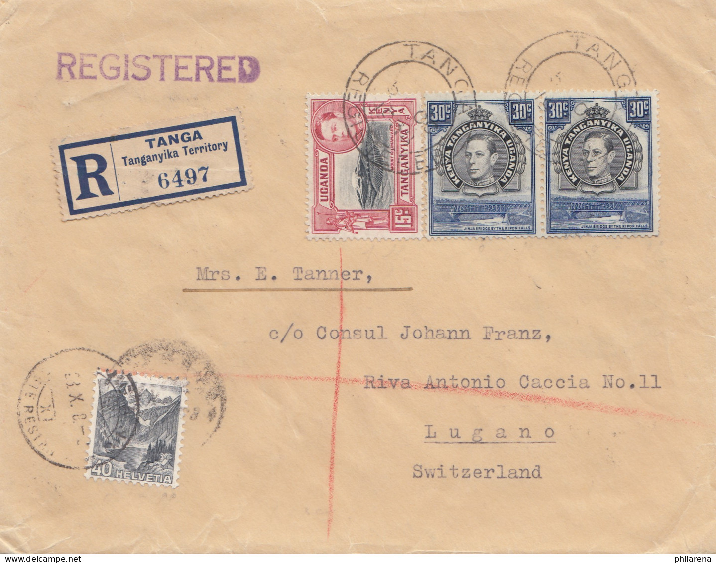 Kenya 1938: Registered Tanga To Lugano/Switzerland - Kenya (1963-...)