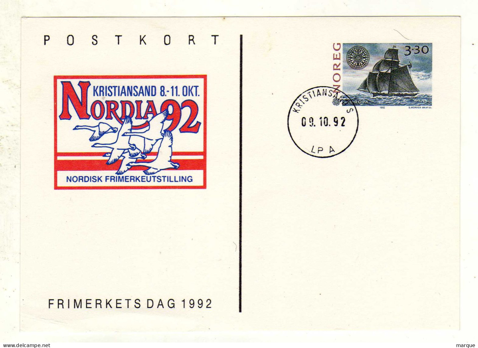 Entier Postal NORVEGE NORGE Oblitération KRISTIANSAND S 09/10/1992 - Interi Postali