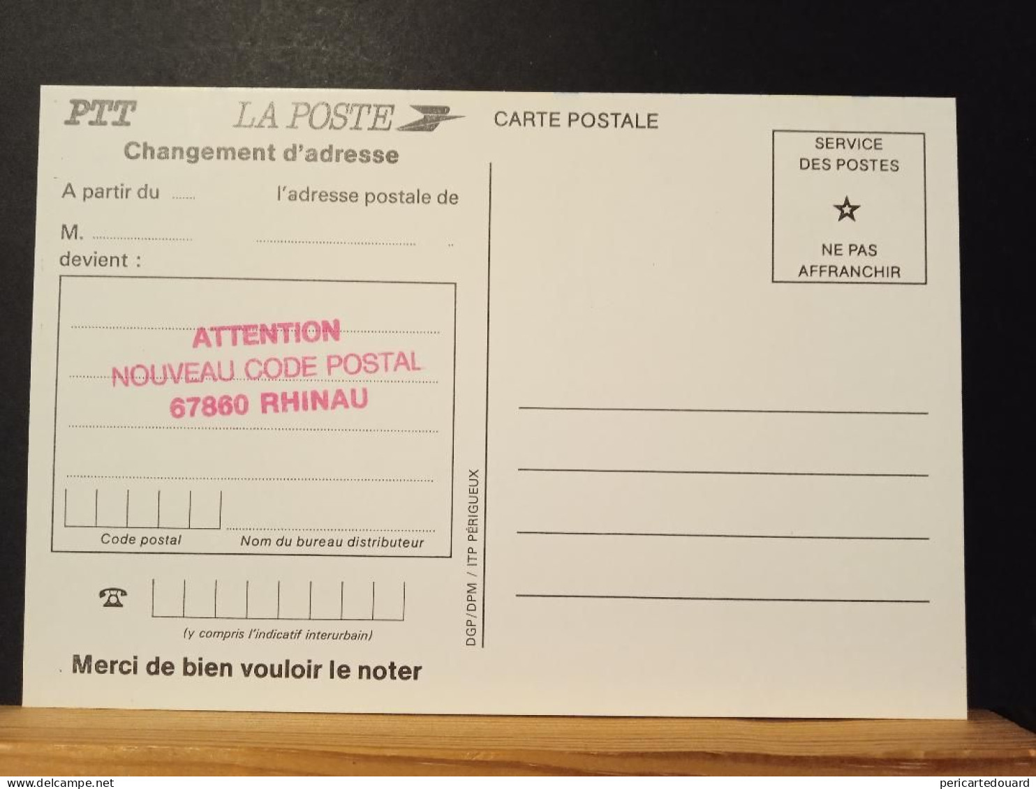 Code Postal, Carte Postale En Franchise "Changement D'adresse? Communiquez Votre Code Postal". 67860 RIHNAU - Brieven En Documenten