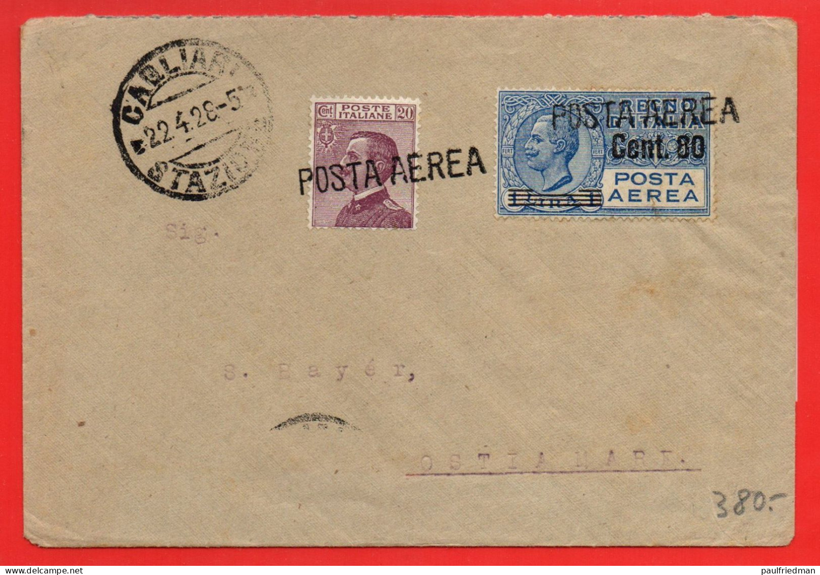 Regno 1928 - Aerogramma Cagliari Ostia - Primo Volo (21/22-04-1928) - Raro - Storia Postale (Posta Aerea)