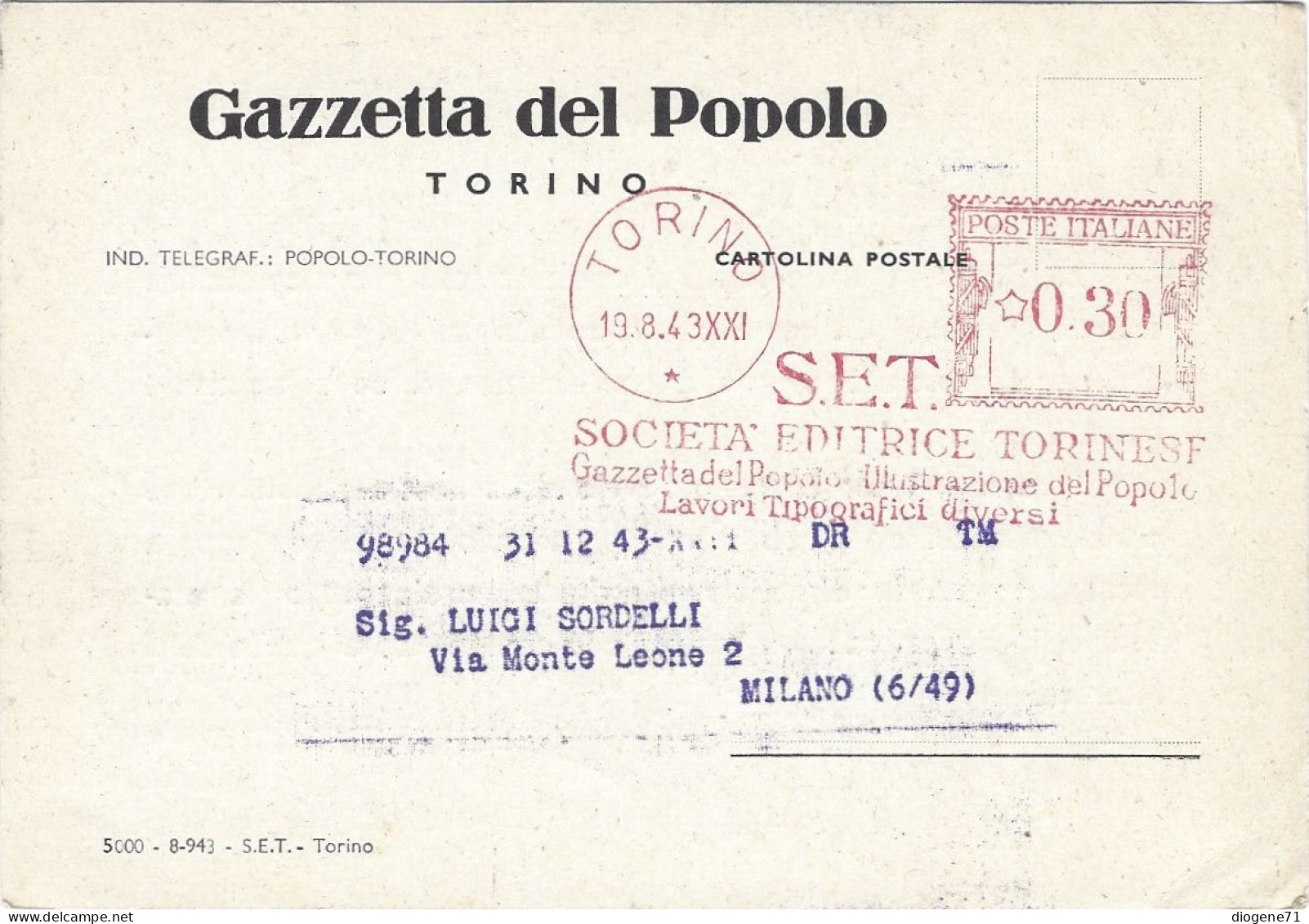 Gazetta Del Popolo Torino 1943 - Italiaans