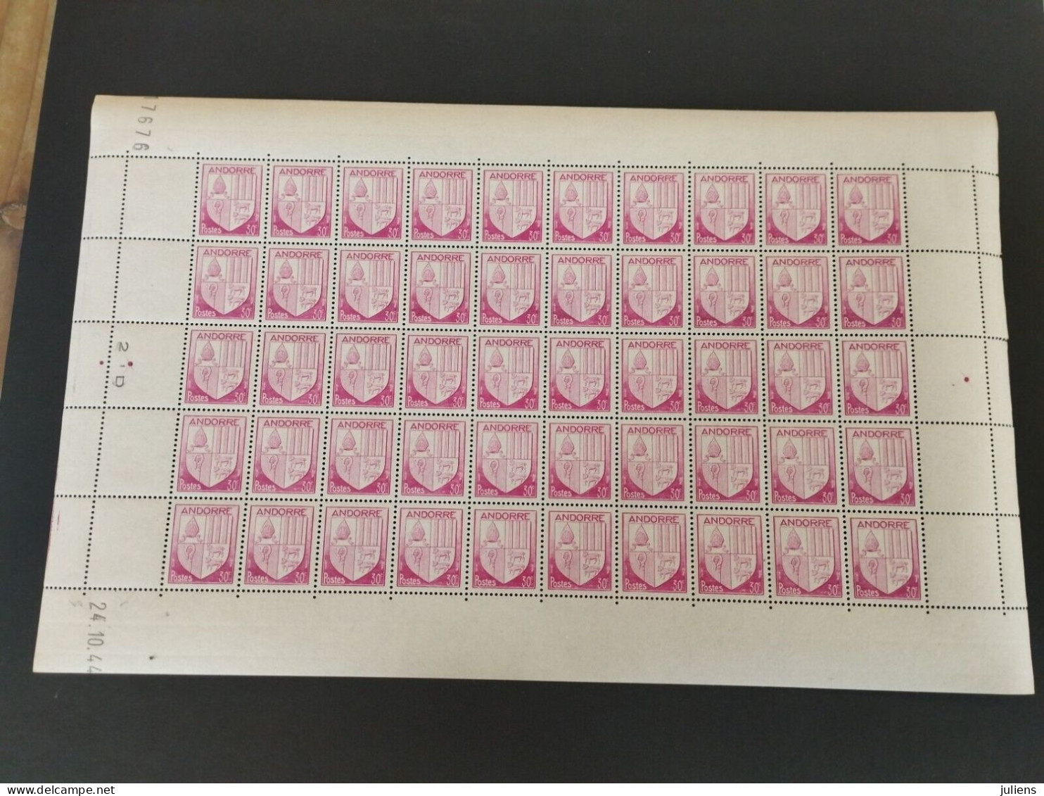 FEUILLE SHEET ENTIERE ANDORRE N 94 Armoiries 30c 1944 NEUF** - Unused Stamps