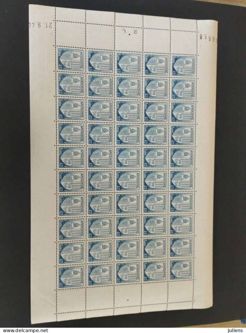 FEUILLE SHEET ENTIERE ANDORRE N 95 Armoiries 40c 1944 NEUF** - Unused Stamps