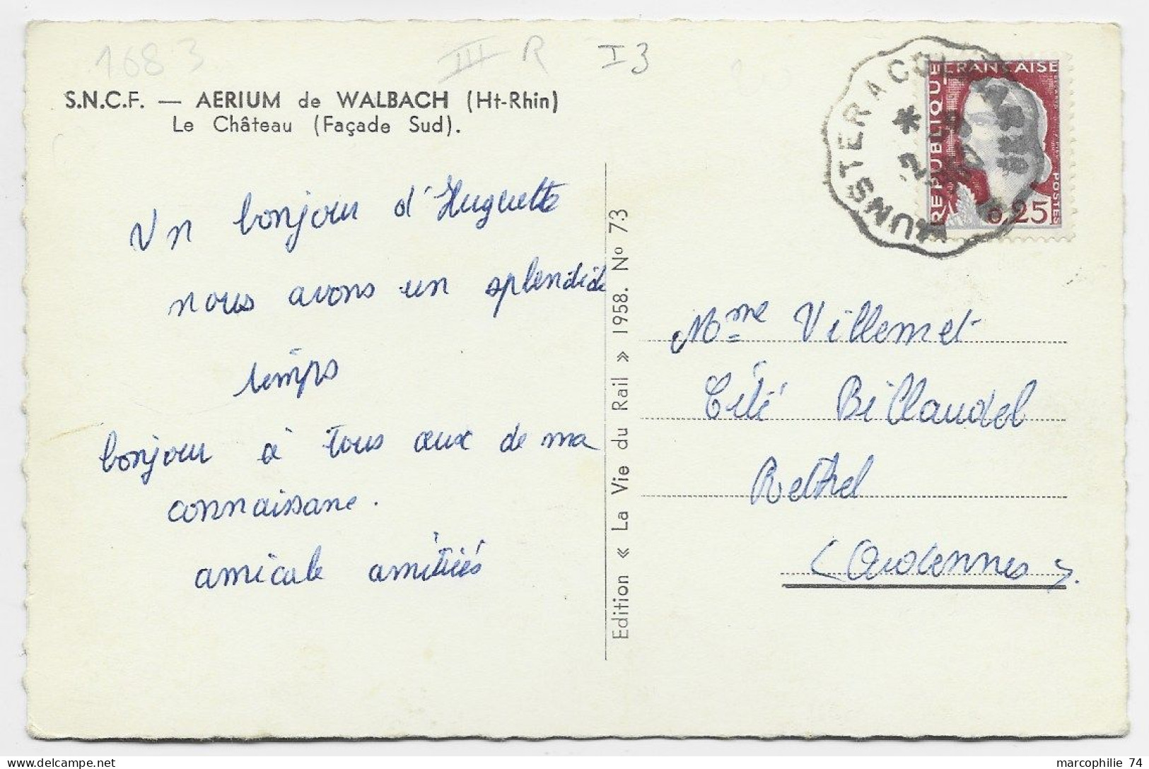 DECARIS 25C CARTE AERIUM DE WALBACH HT RHIN CONVOYEUR MUNSTER A COLMAR 2° 2.8.1960 - 1960 Marianne De Decaris