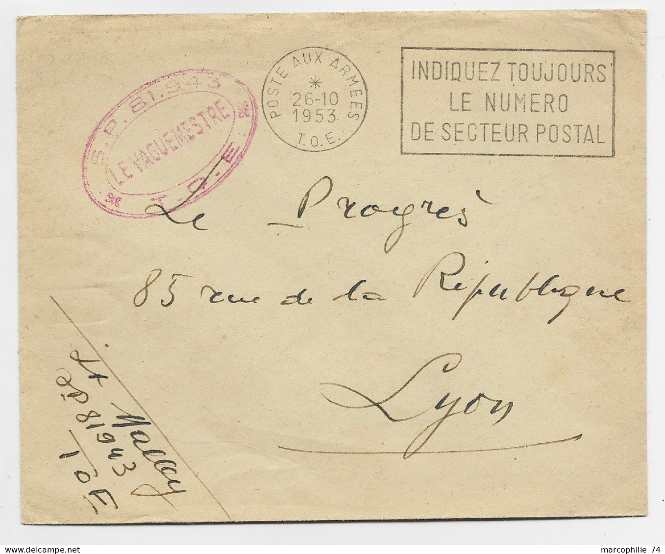 LETTRE FM MEC POSTE AUX ARMEES 26.10.1953 T.O.E. + CACHET OVALE ROUGE SP 81943 T.O.E - Vietnamkrieg/Indochinakrieg