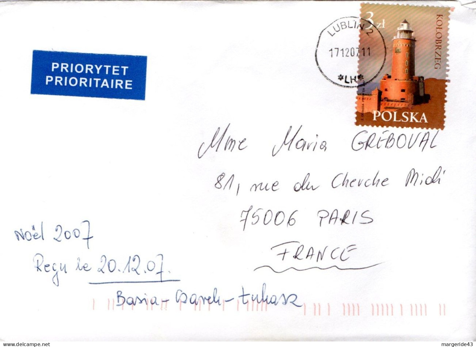 POLOGNE SEUL SUR LETTRE DE LUBLIN  POUR LA FRANCE 2007 - Storia Postale