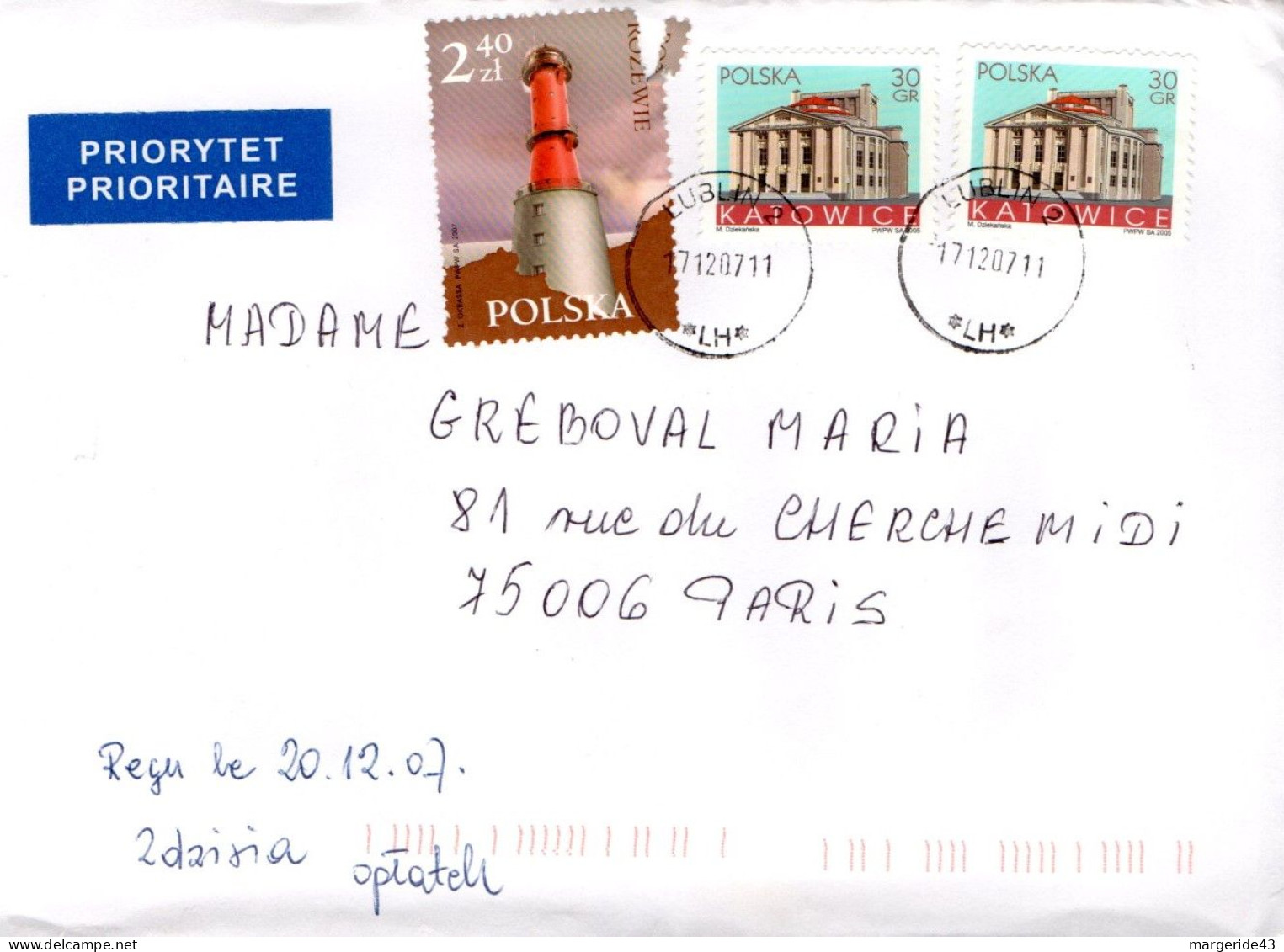 POLOGNE AFFRANCHISSEMENT COMPOSE SUR LETTRE DE LUBLIN  POUR LA FRANCE 2007 - Storia Postale