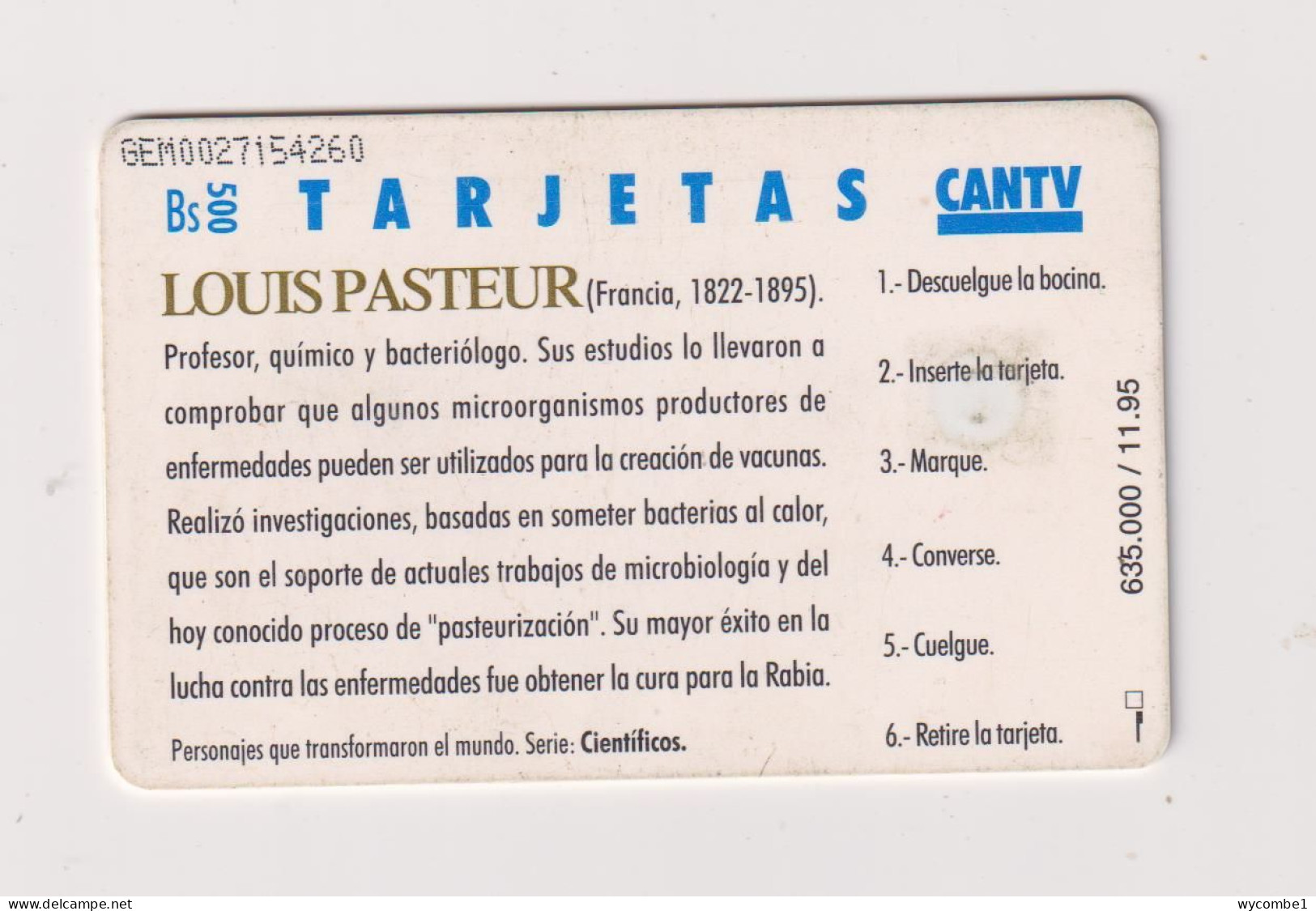VENEZUELA  -  Louis Pasteur Chip Phonecard - Venezuela