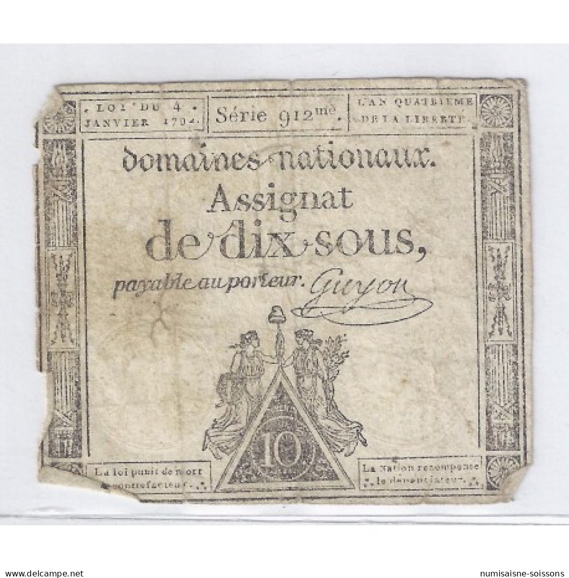 ASSIGNAT DE 10 SOUS - SERIE 912 - 04/01/1792 - DOMAINES NATIONAUX - TB - Assignats & Mandats Territoriaux