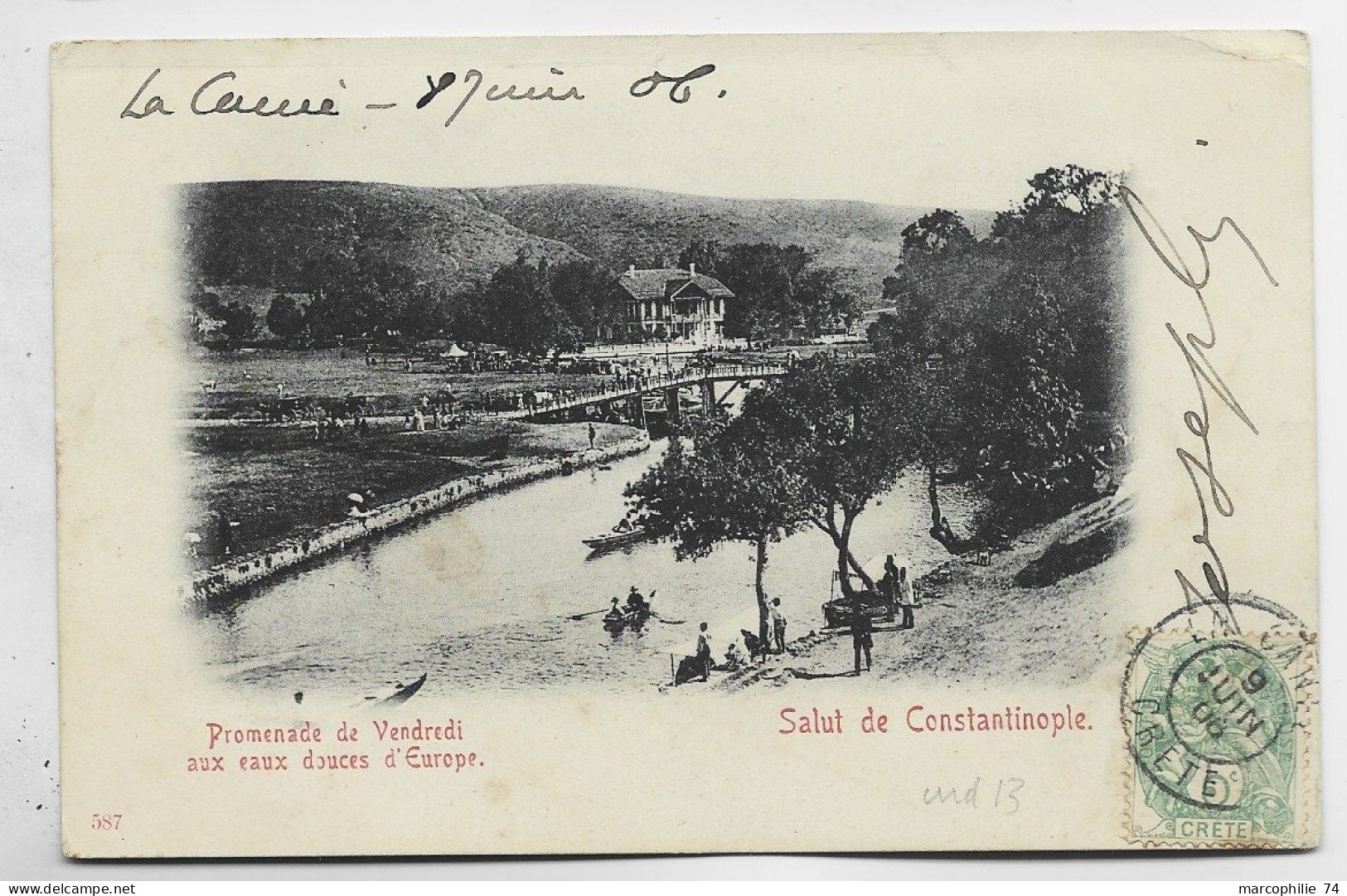 CRETE 5C BLANC AU RECTO CARTE TURKEY SALUT CONSTANTINOPLE OBL LA CANEE 9 JUIN 1906 CRETE POUR BEZIERS HERAULT COTE 110€ - Autres & Non Classés