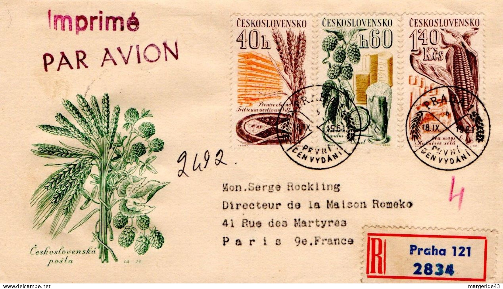 TCHECOSLOVAQUIE LETTRE FDC RECOMMANDEE POUR LA FRANCE 1961 ADMIS SANS VISITE PAR LA DOUANE - Covers & Documents