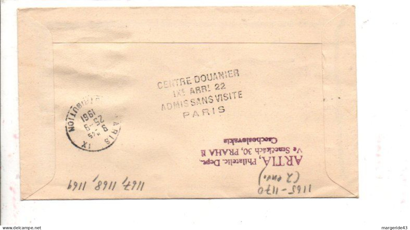 TCHECOSLOVAQUIE LETTRE FDC RECOMMANDEE POUR LA FRANCE 1961 ADMIS SANS VISITE PAR LA DOUANE - Cartas & Documentos