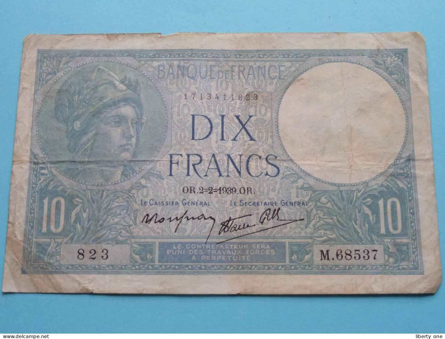 10 Francs / Minerva ( OR.2-2-1939.OR.) M.68537 - 823 ( Grade Voir SCANS ) Circulated ! - 100 F 1945-1954 ''Jeune Paysan''