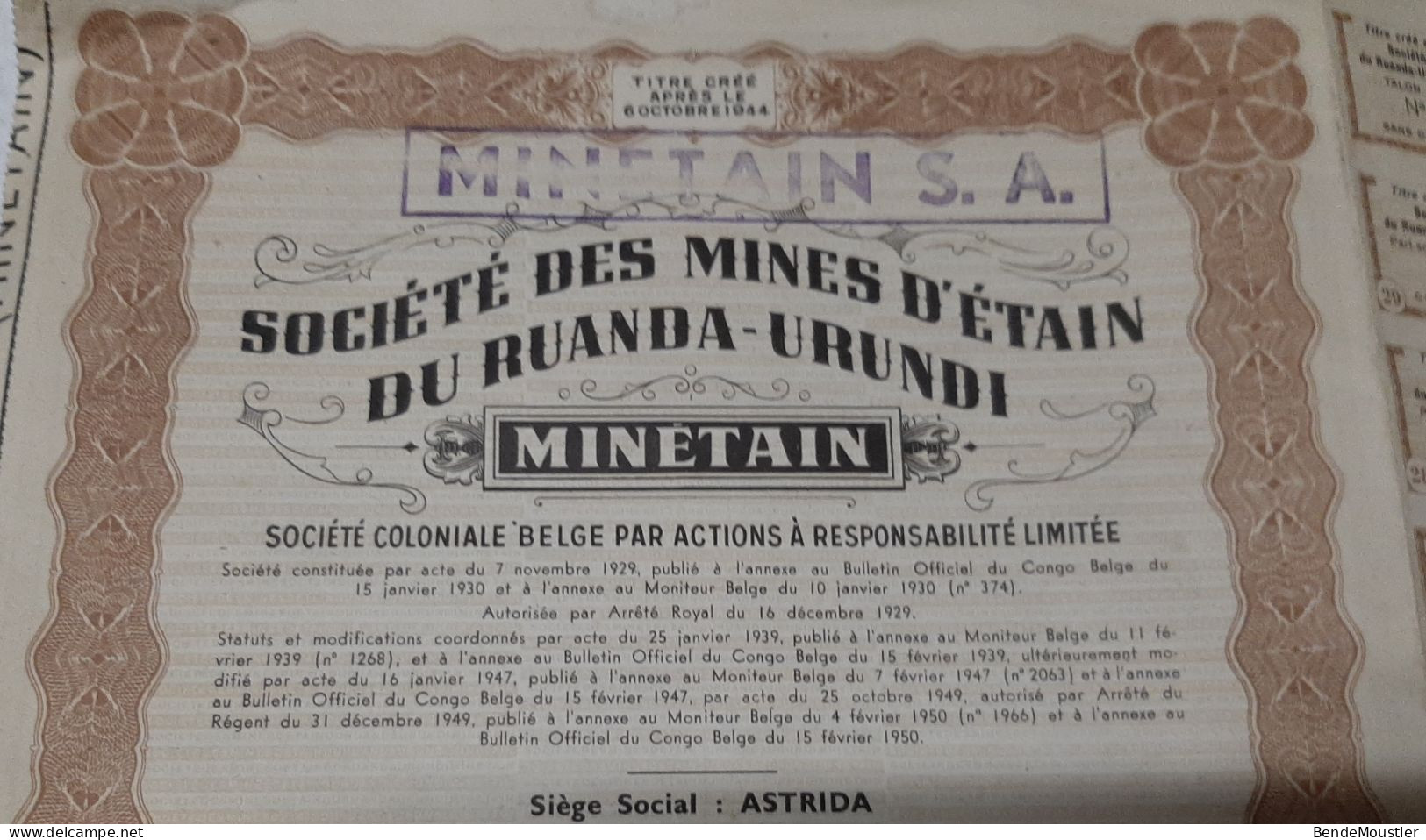 Société Des Mines D'Etain Du Ruanda - Urundi  Minétain - Part Sociale Au Porteur - Astrida - Bruxelles 1950. - Afrika