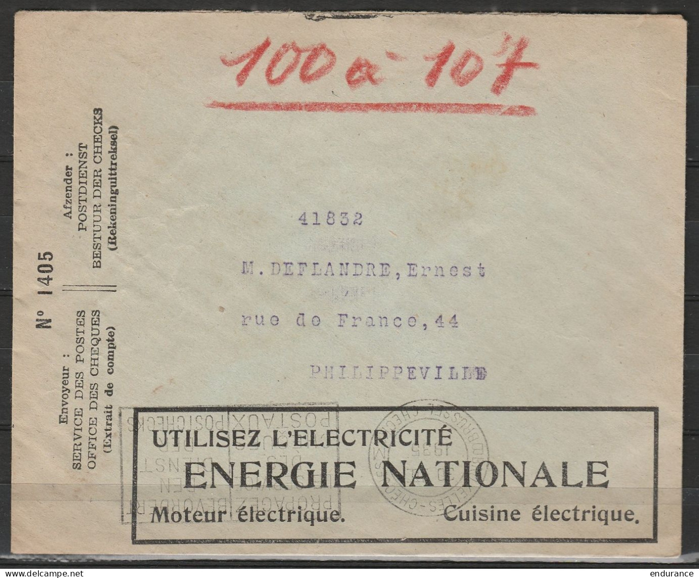 L. Entête Numérotée "Service Des Postes - Office Des Chèques" Publicitaire Flamme "B BRUXELLES-CHEQUES M/30 III 1935/BRU - Franquicia