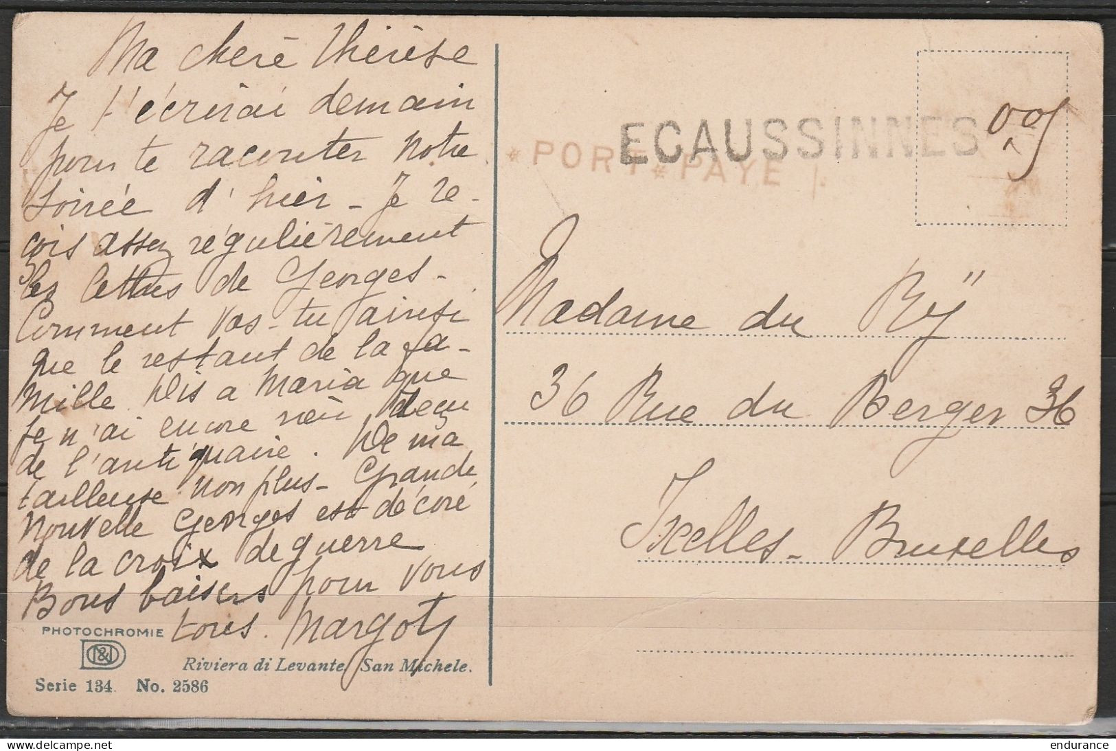 CP Fortune Griffes "*PORT*PAYE*" 0,05c + "ECAUSSINNES" Pour IXELLES-BRUXELLES - Noodstempels (1919)