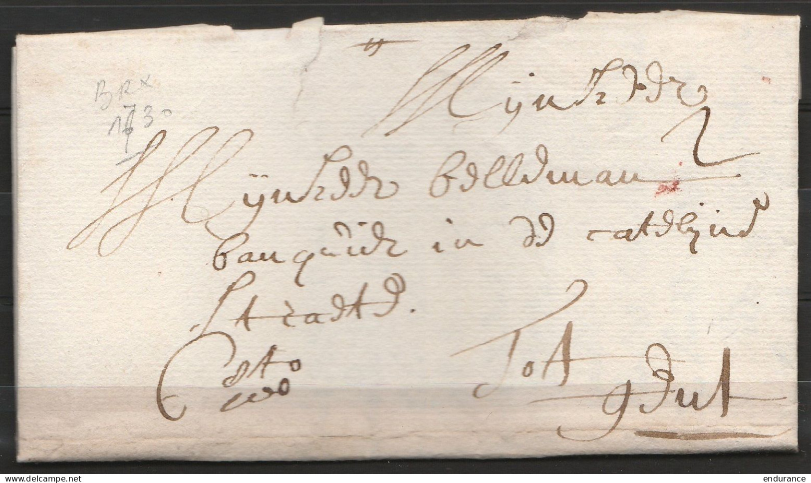 LAC Daté 1730 De BRUXELLES Pour Banquier à GENT Port 2 Manuscrit "cito Cito" - 1714-1794 (Pays-Bas Autrichiens)