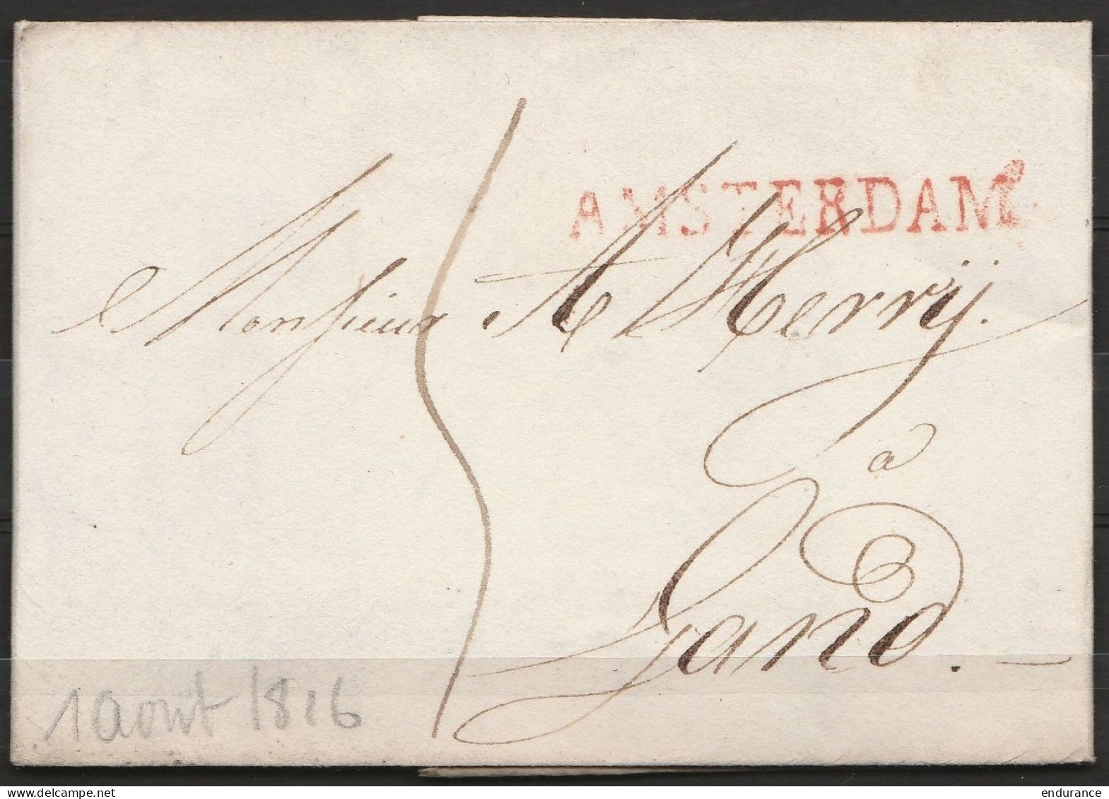 Pays-Bas - L. Datée 1e Août 1816 D'AMSTERDAM Pour GAND - Griffe Rouge AMSTERDAM - 1815-1830 (Dutch Period)