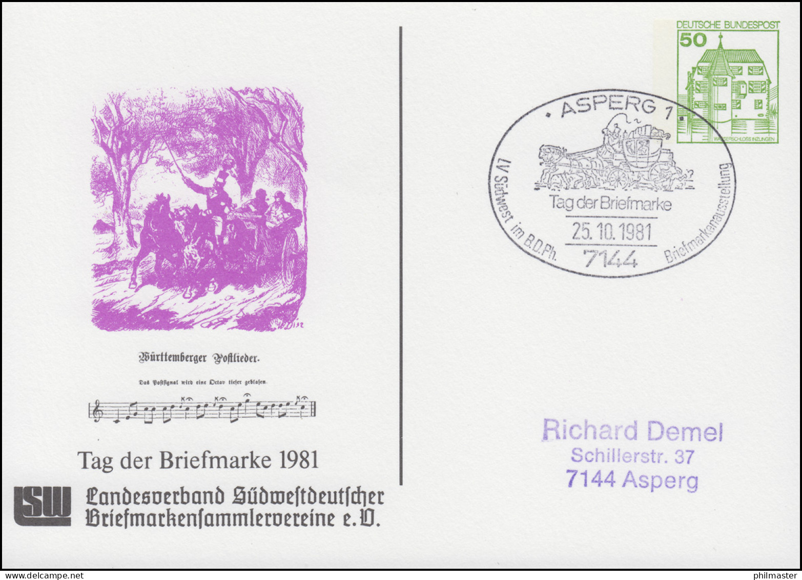 Privatpostkarte PP 104/128 Tag Der Briefmarke Postlied SSt ASPERB 25.10.1981 - Privé Briefomslagen - Ongebruikt