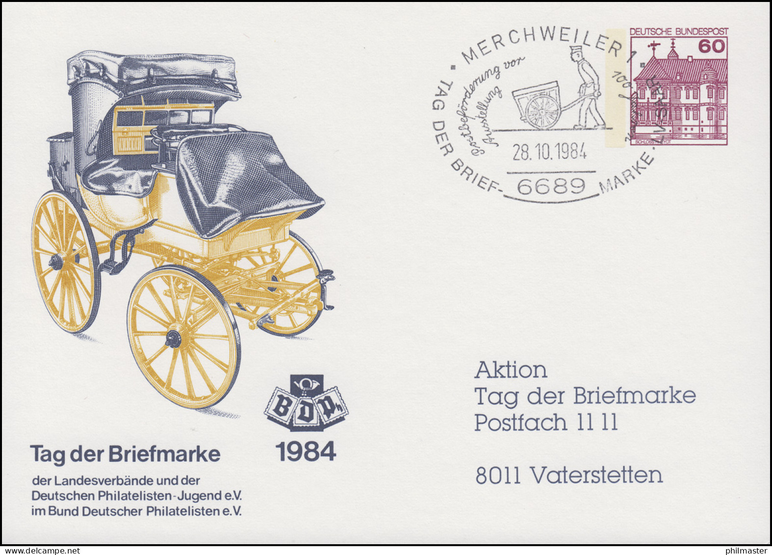 Privatpostkarte PP 106/164b Tag Der Briefmarke SSt MERCHWEILER 28.10.1984 - Private Covers - Mint