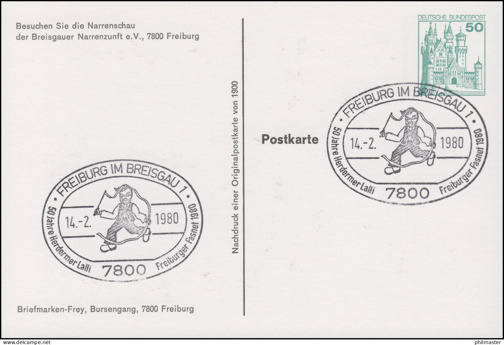 Privatpostkarte PP 103/6 Besuchen Sie Die Narrenschau SSt FREIBURG 14.2.1980 - Private Covers - Mint