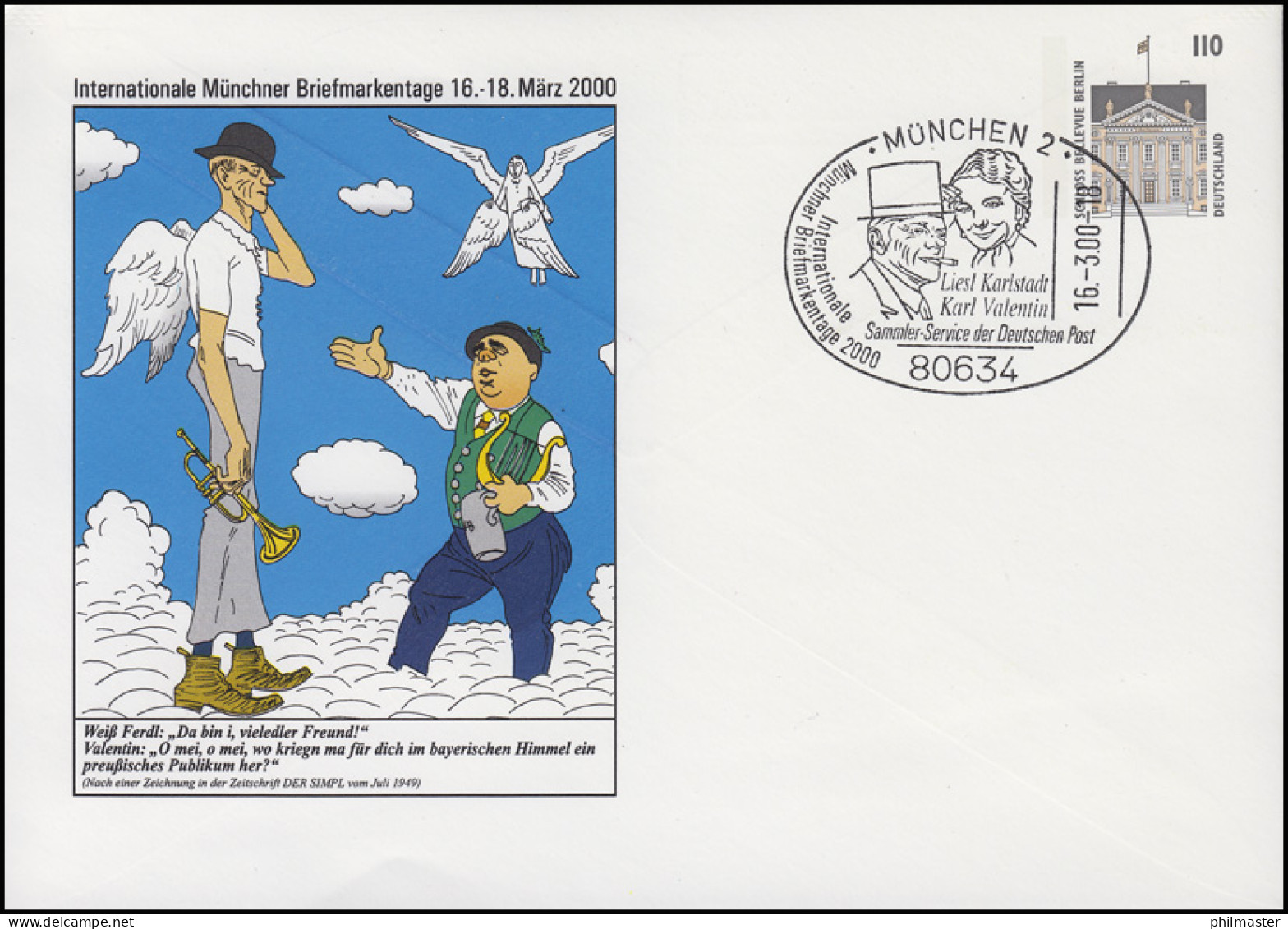 Privatumschlag Münchner Briefmarkentage SSt MÜNCHEN Karlstadt+Valentin 16.3.2000 - Private Covers - Mint