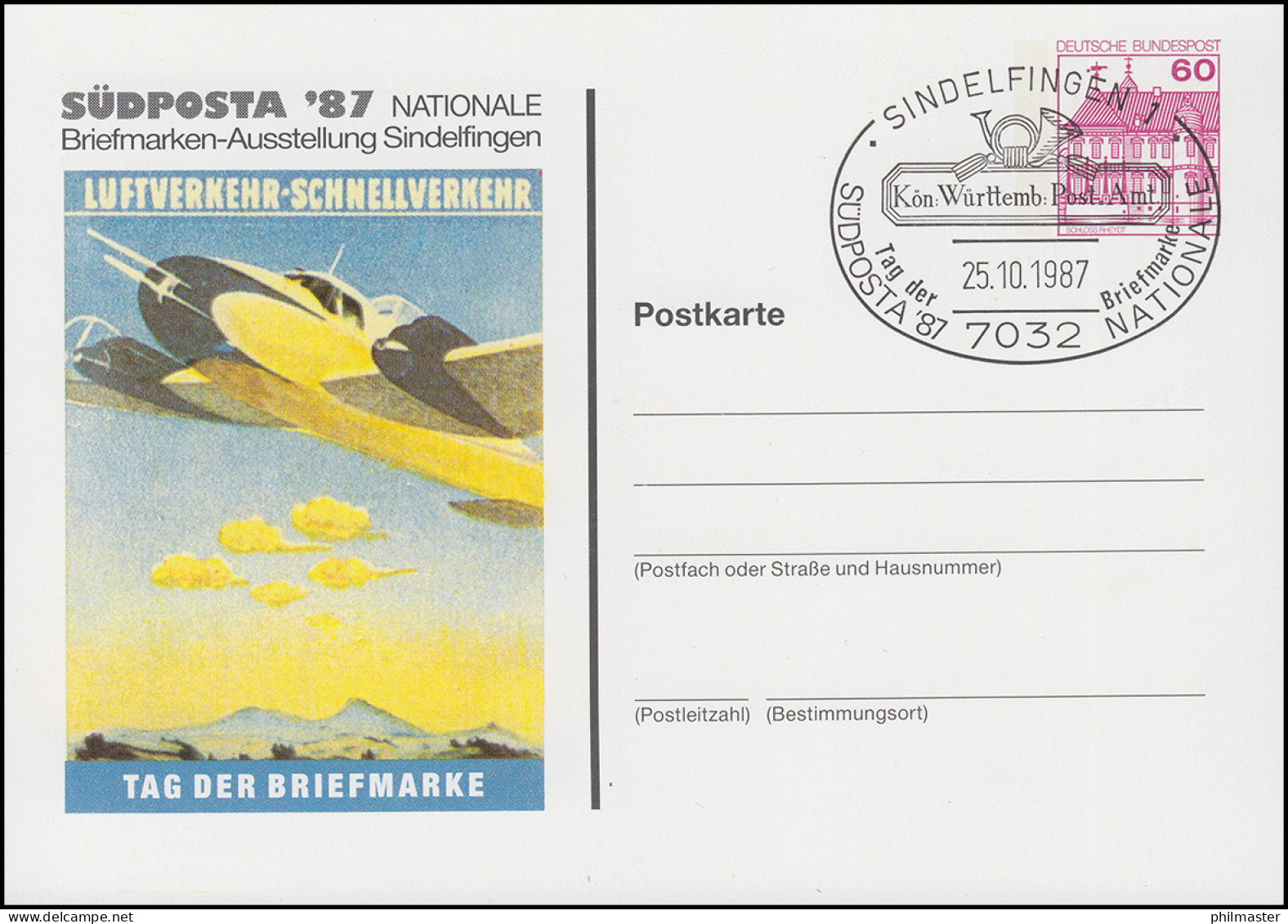 Privatpostkarte PP 106/263 SÜDPOSTA'87 Luftverkehr, SSt SINDELFINGEN 25.10.1987 - Privé Briefomslagen - Ongebruikt