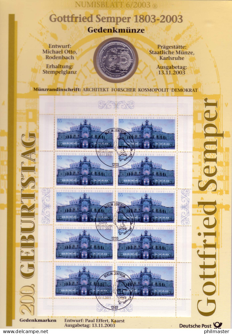 2373 Gottfried Semper / Semperoper Dresden - Numisblatt 6/2003 - Enveloppes Numismatiques