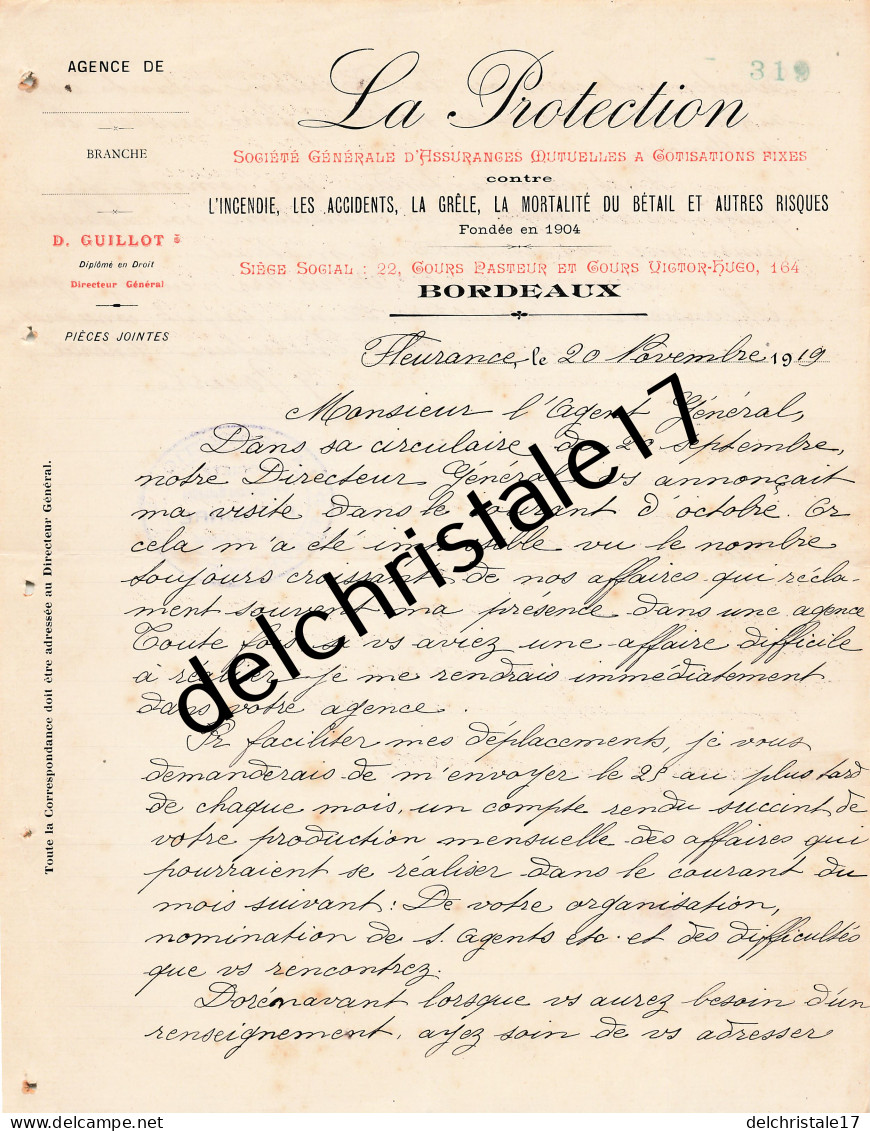 32 0022 FLEURANCE GERS 1919 Assurances Mutuelles LA PROTECTION Directeur D. GUILLOT Signée R. TOURRE Inspecteur  - Banco & Caja De Ahorros