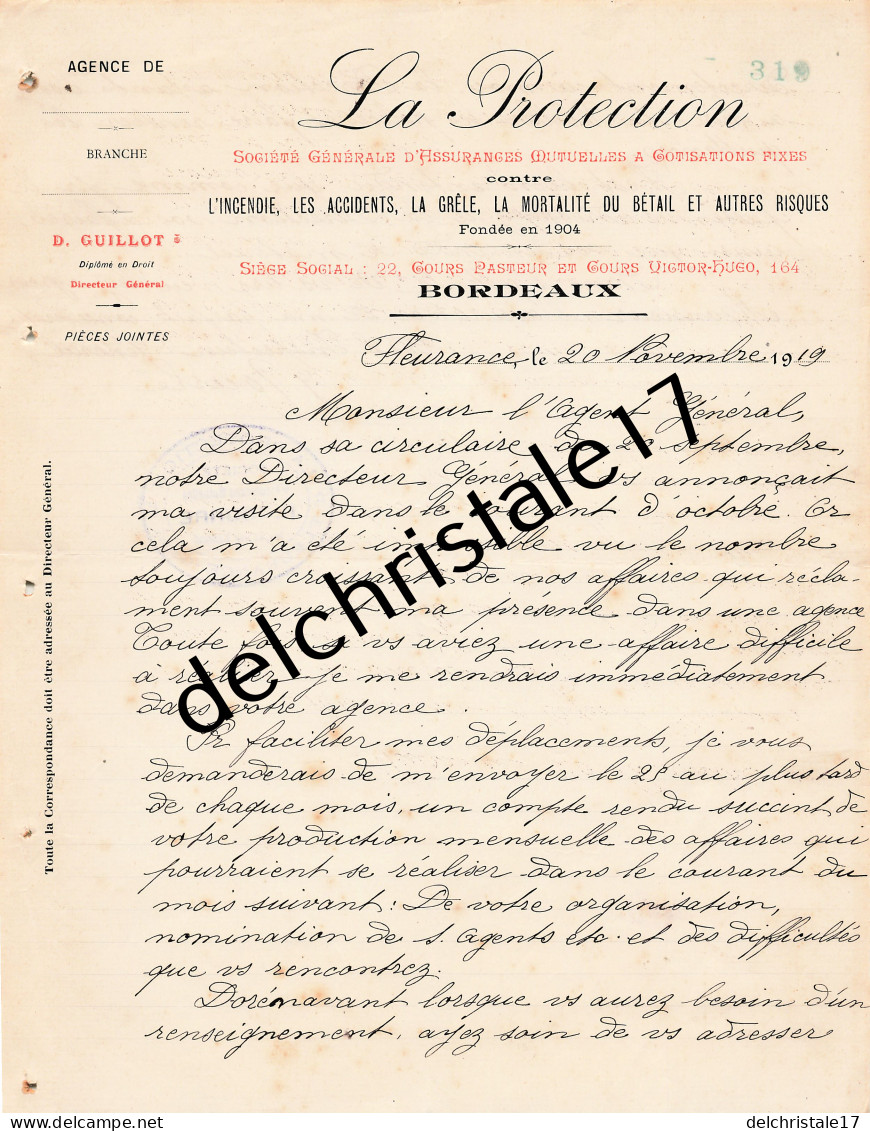 32 0022 FLEURANCE GERS 1919 Assurances Mutuelles LA PROTECTION Directeur D. GUILLOT Signée R. TOURRE Inspecteur  - Bank En Verzekering
