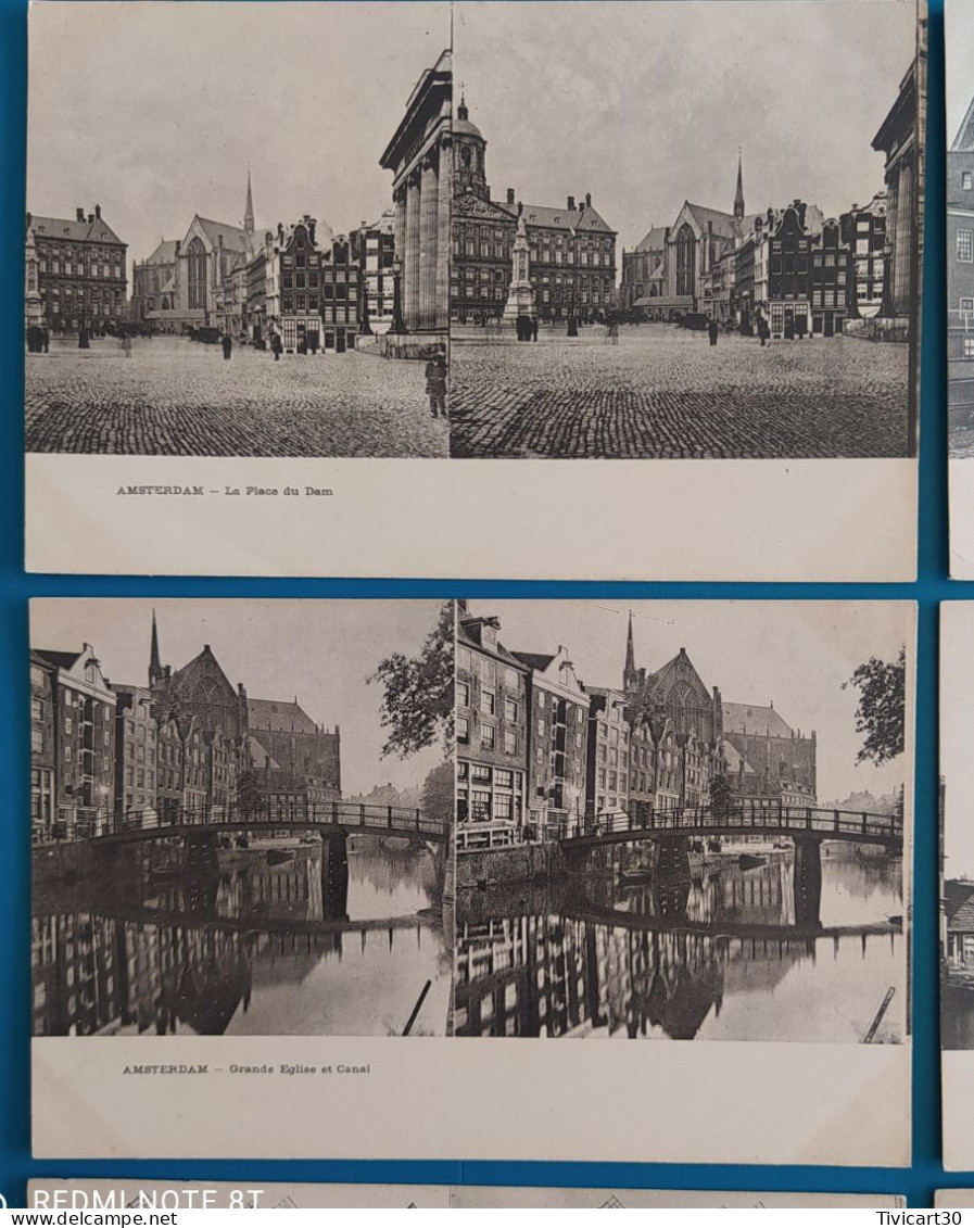 LOT DE 8 CPA STEREO DOS NON DIVISE - PAYS-BAS - HOLLAND - AMSTERDAM - MOULINS, EGLISE, PLACE..... - Amsterdam