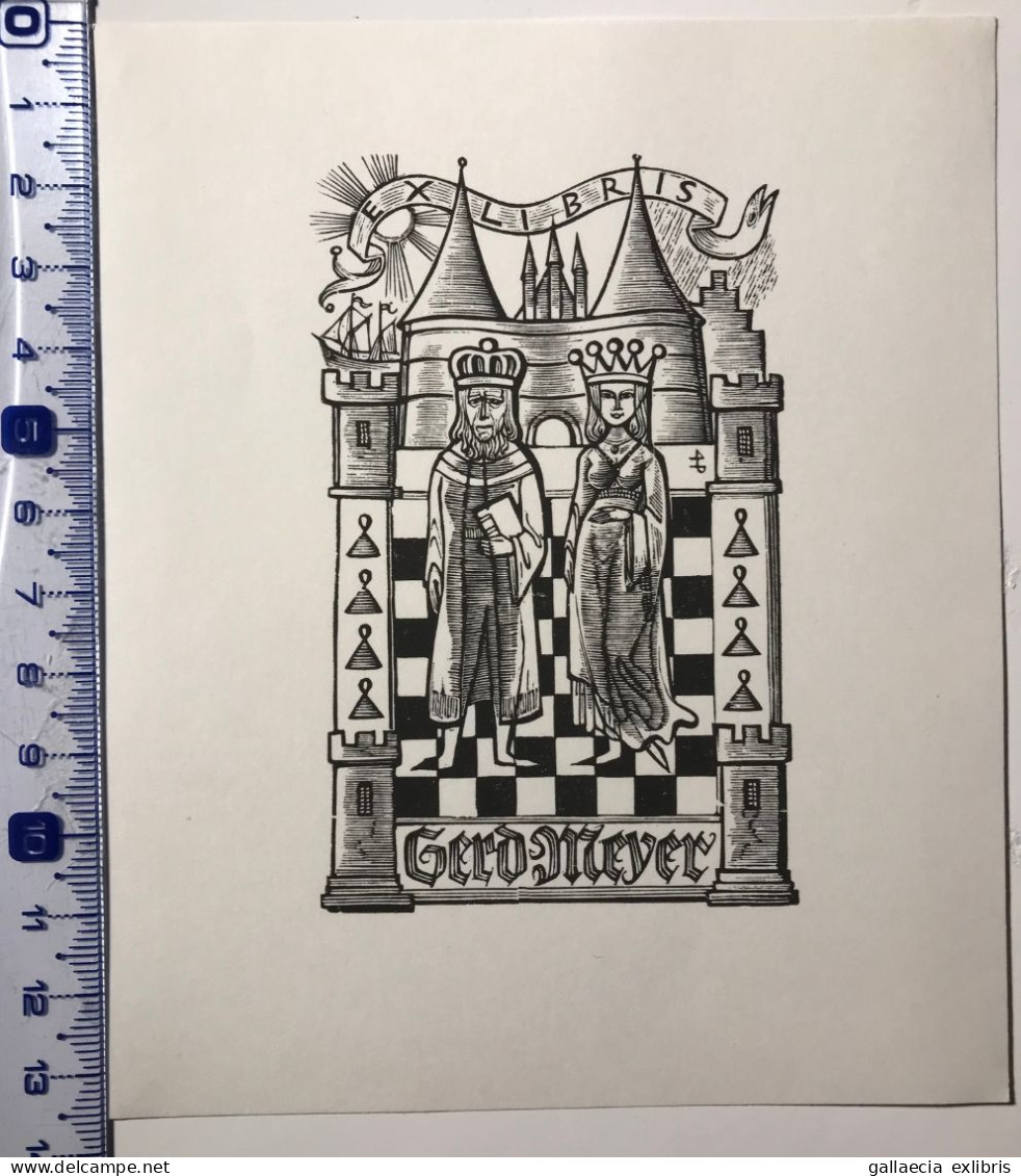 Ex-libris Pour Gerd Meyer. Échecs Roi Dame Tour Château. Exlibris For Gerd Meyer. Chess King Queen Rook Castle - Exlibris