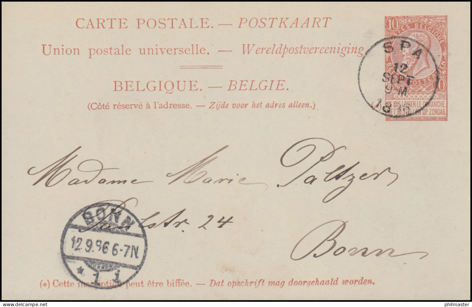 Belgien Postkarte P 31 Leopold Aus SPA 12.9.1896 Nach BONN 12.9.96 - Other & Unclassified