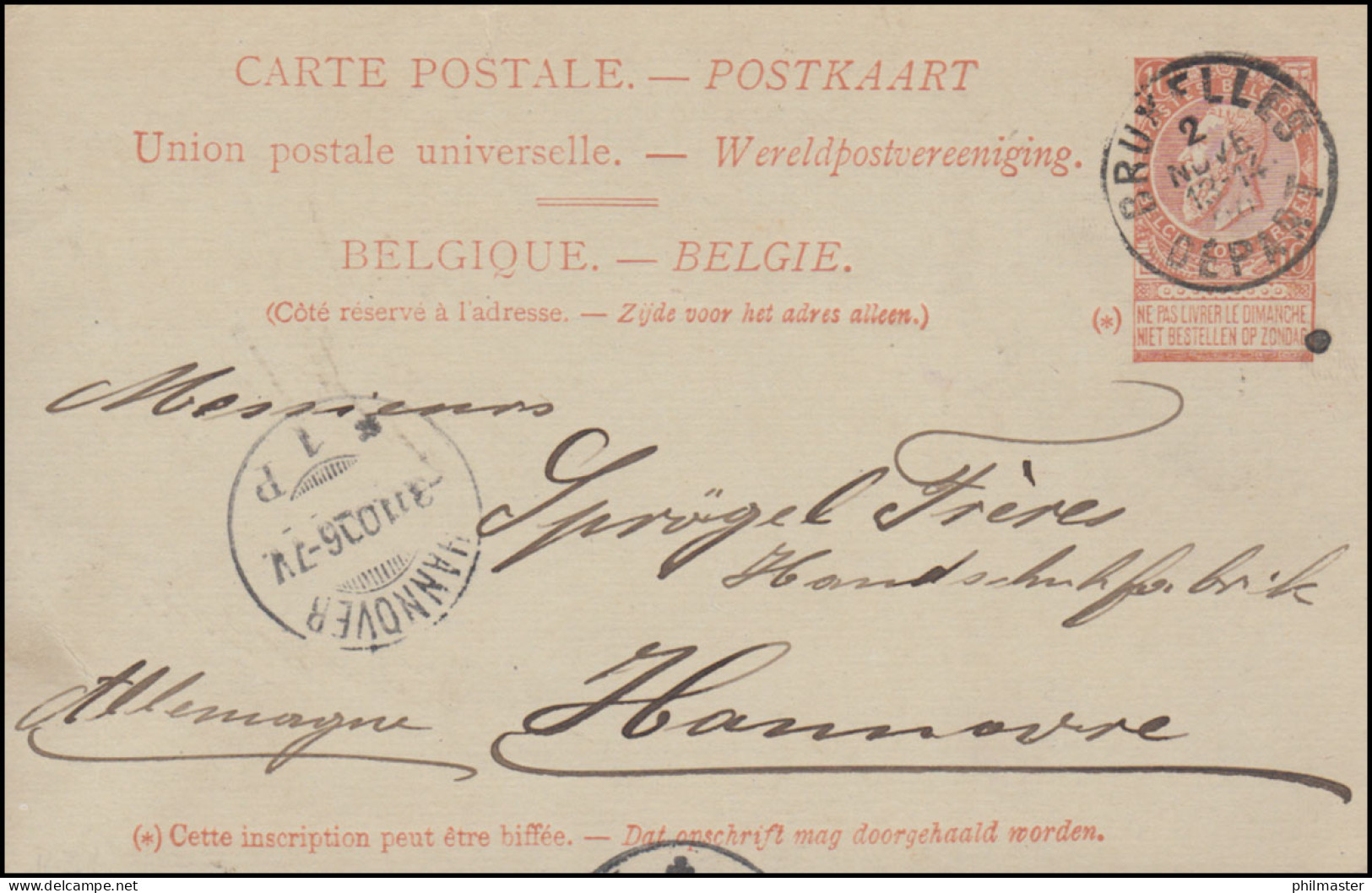 Belgien Postkarte P 31 Leopold BRÜSSEL / BRUXELLES 2 11.1906 Nach HANNOVER 3.11. - Autres & Non Classés