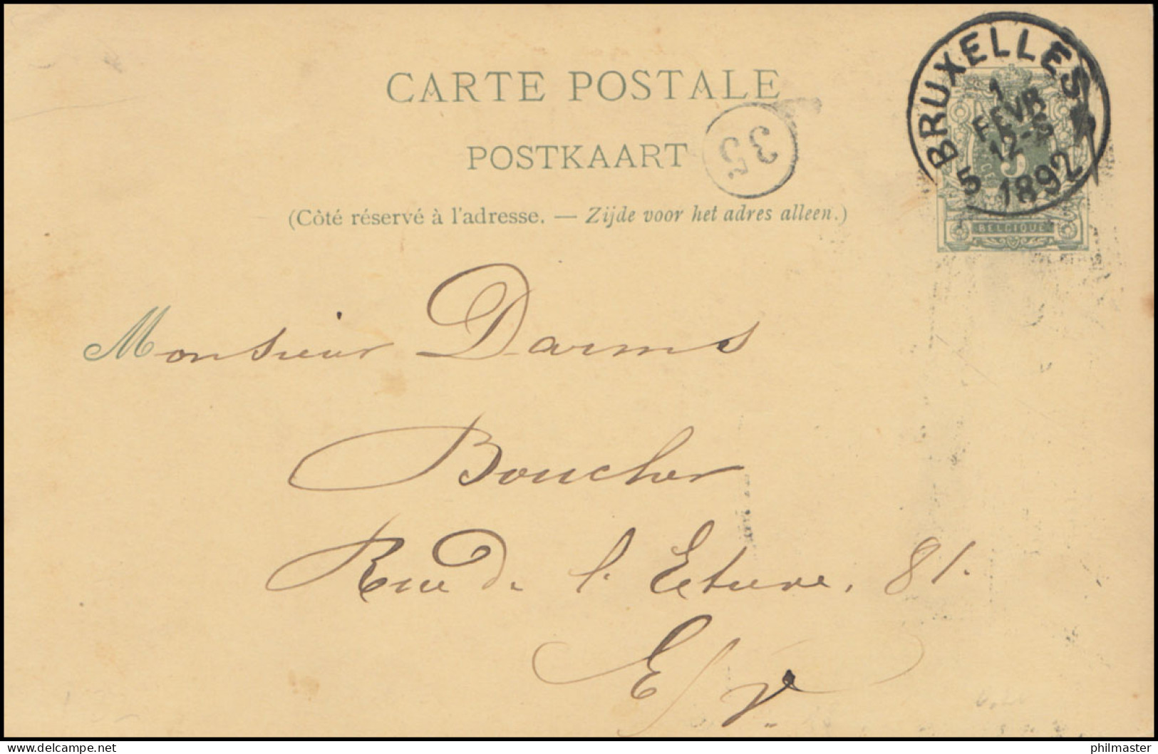 Belgien Postkarte P 22II Ziffer Aus BRÜSSEL / BRUXELLES 1.2.1892 - Andere & Zonder Classificatie