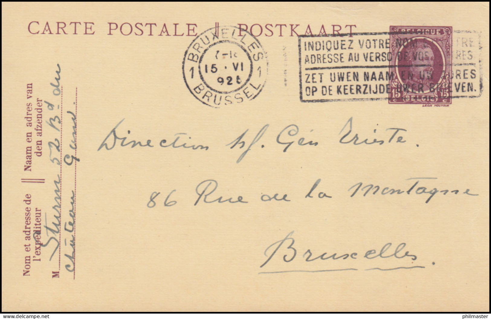 Belgien Postkarte P 85 Als Ortspostkarte BRUXELLES-BRÜSSEL 15.6.1925 - Autres & Non Classés