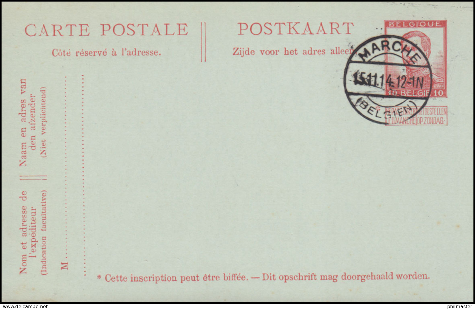 Belgien Postkarte P 63 König Albert Gefälligkeits-O MARCHE / BELGIEN 15.11.1914 - Autres & Non Classés