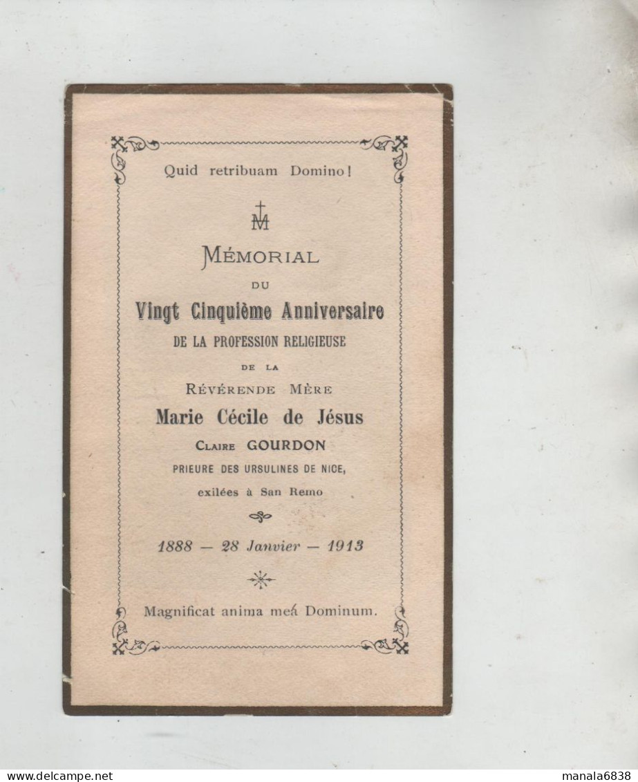 Mémorial 25 è Anniversaire Profession Révérende Mère Marie Cécile De Jésus Gourdon Nice San Remo 1913 - Andachtsbilder