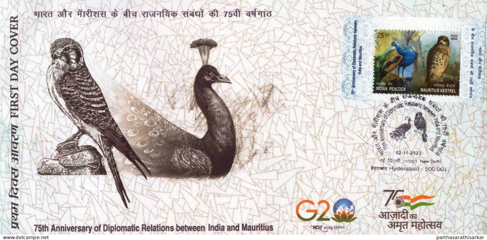 INDIA 2023 JOINT ISSUE 75TH ANNIV. OF DIPLOMATIC RELATIONS BETWEEN INDIA MAURITIUS BIRDS FIRST DAY COVER FROM HYDERABAD - Emissions Communes