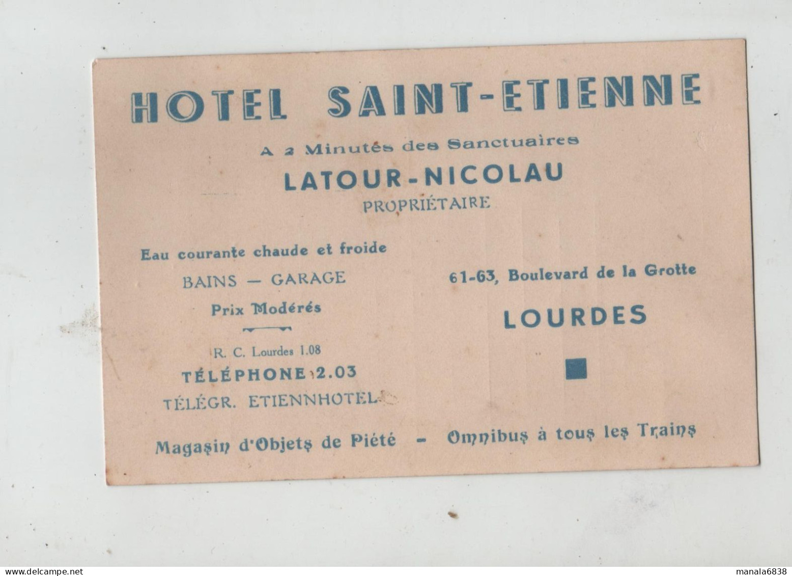 Hôtel Saint Etienne Latour Nicolau Lourdes Note Corbay - Cartes De Visite