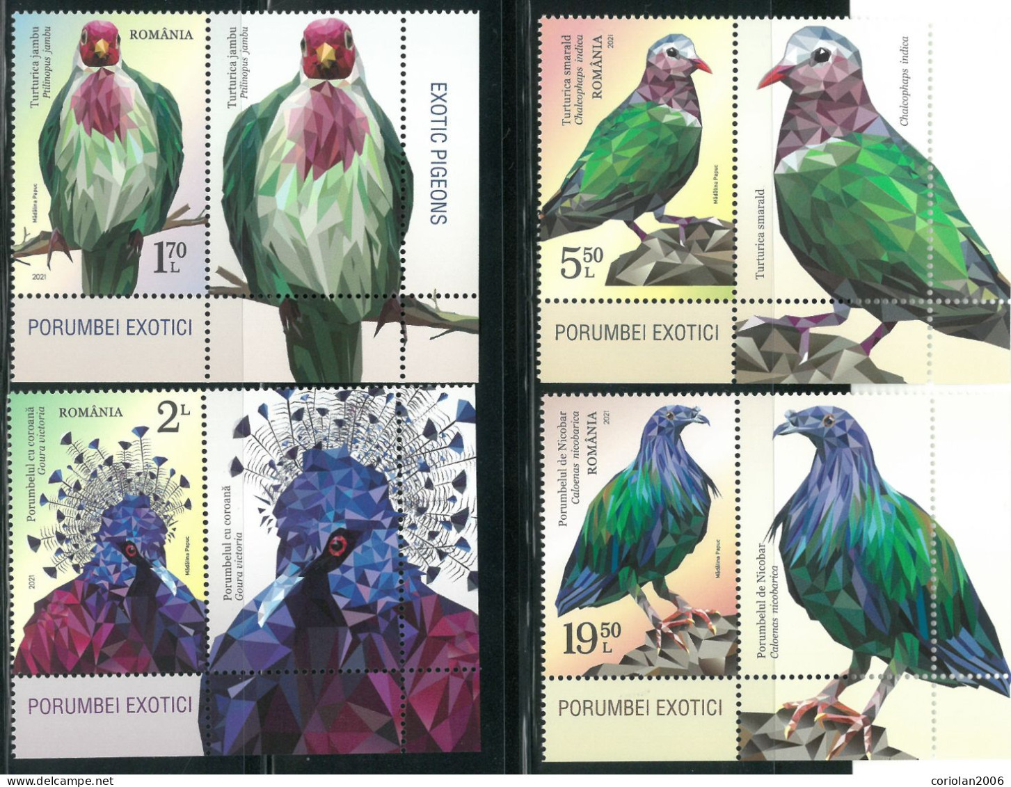 Romania 2021 / Exotic Pigeons / Set 4 Stamps With Labels - Columbiformes