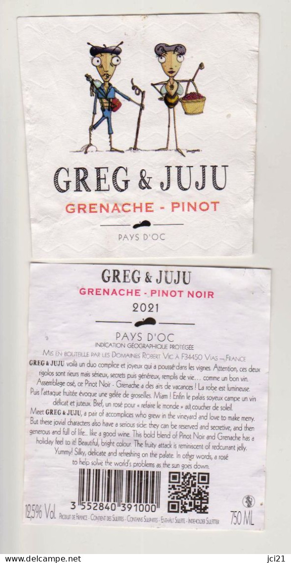 Étiquette Et Contre étiquette Bouteille De Vin " GREG & JUJU " Grenache-Pinot Noir 2021 (2414) _ev793 - Autres & Non Classés