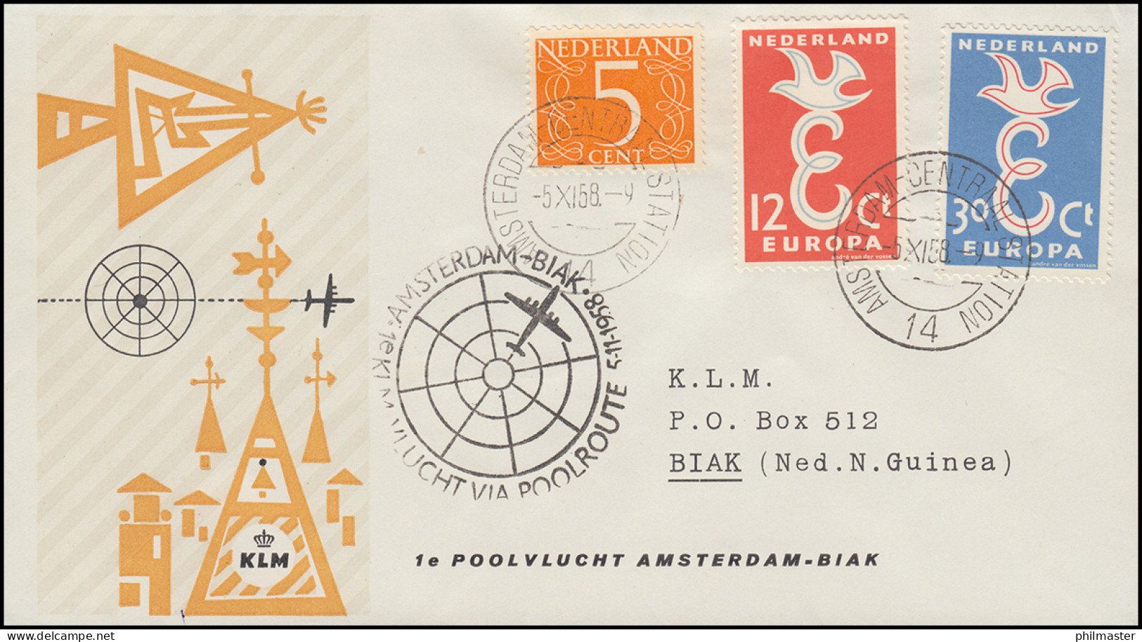 1. KLM-Polarflug Amsterdam-Biak 5.11.1958 Schmuck-Brief AMSTERDAM 5.11.58 - Airmail