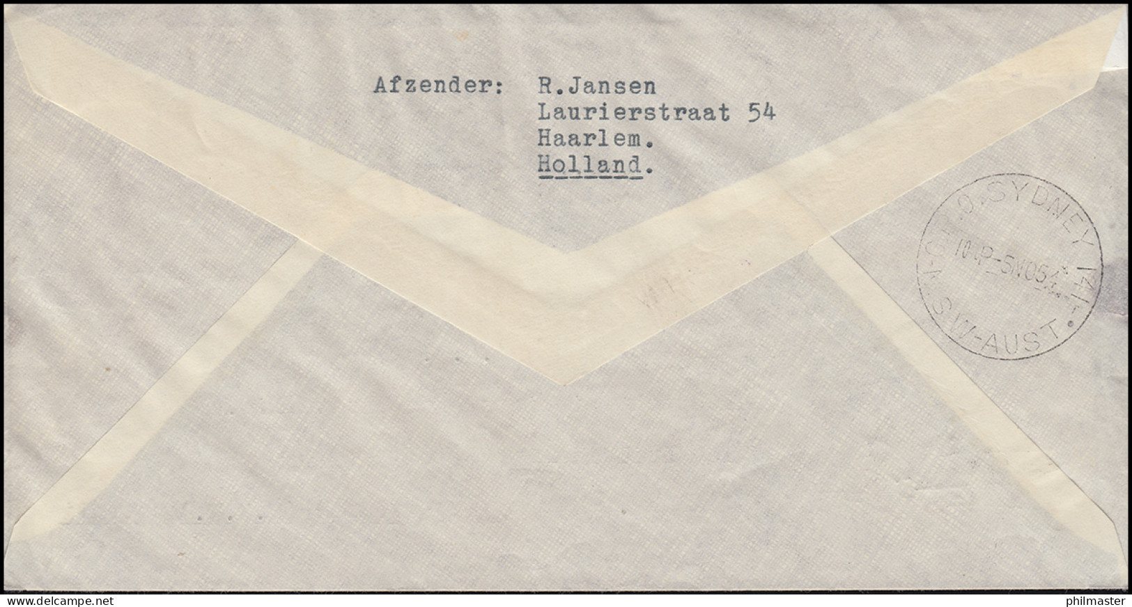 1. KLM-Sonderflug POSTILLION D'AMOUR Amsterdam-Sydney 31.10.1954 Brief 26.10.54 - Posta Aerea