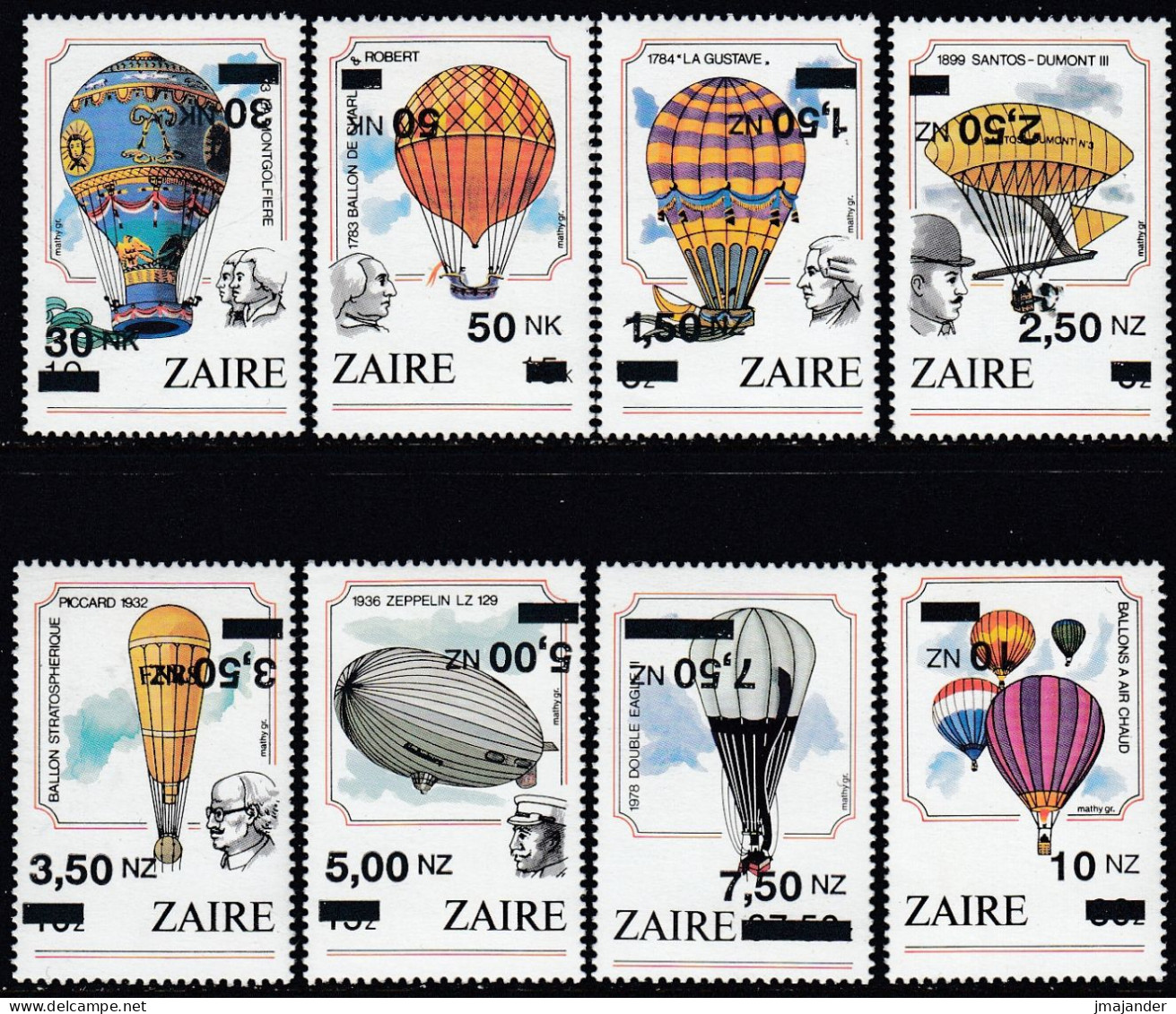 Zaire 1994 - The 200th Anniversary Of Manned Flight: Balloons - ERROR Surcharged Mi 1089-1096 ** MNH - Nuovi