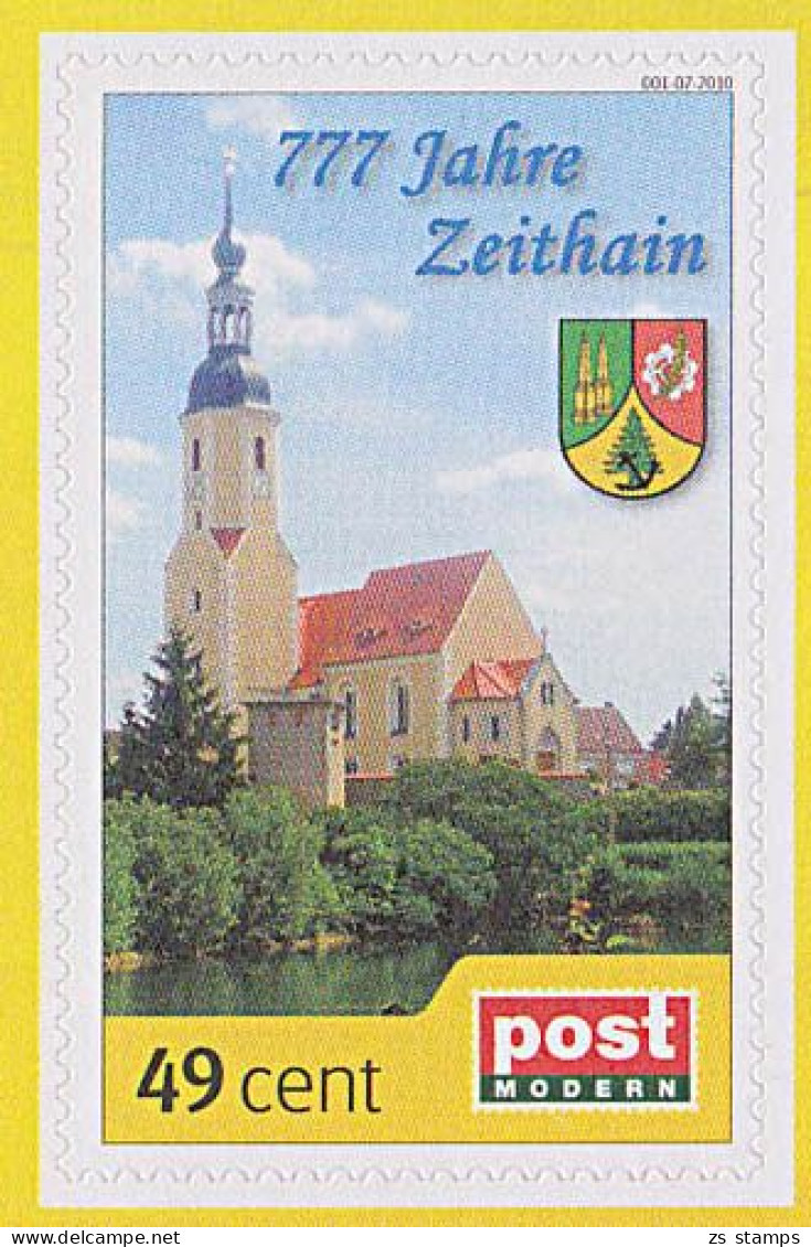 Zeithain Sachsen **, Postmodern Privatpost Wunschbriefmarke 001-07-2010, Kirche,  777 Jahre Wappen - Privatpost